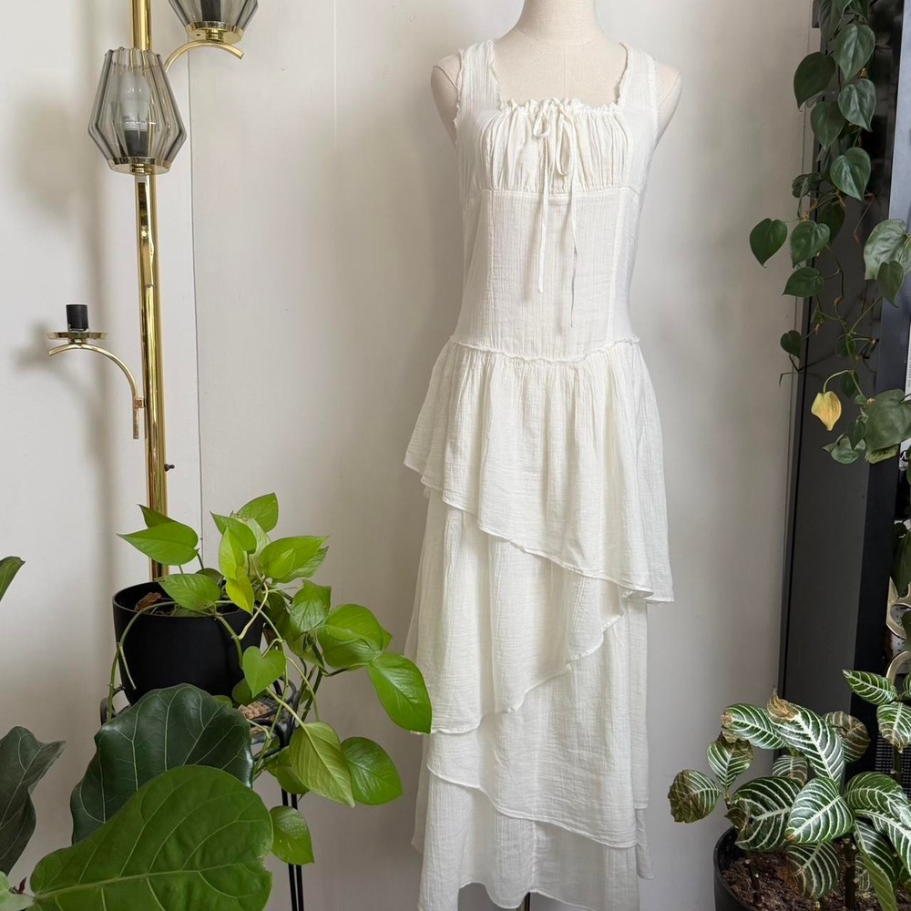 Free People In My Dreams Ivory White Cotton Tiered Maxi Dress Medium NWT